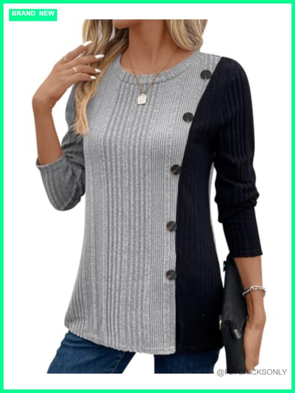 Womens Tunic Top Long Sleeve Knit Color Contrast Crew Neck Casual Blouse